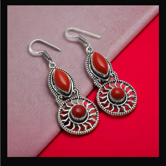 Coral Red Handcrafted Drop Dangle Hook Style Earrings Jewelry 2.16" L New W Tags - Picture 5 of 9